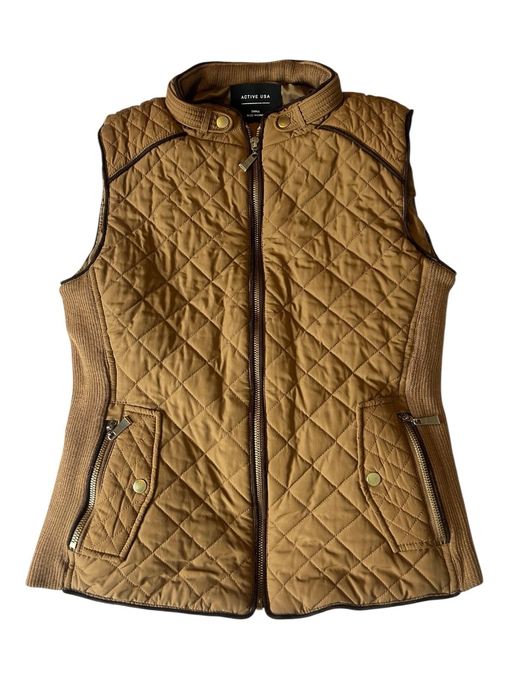 Active USA Quilted Camel/Tan Vest Women’s Size Small Zippered Pockets